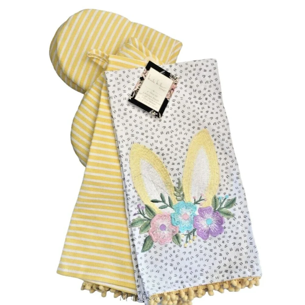 Nicole Miller Dish Towel Mini Oven Mitts Easter Bunny Embroidered Set of 4